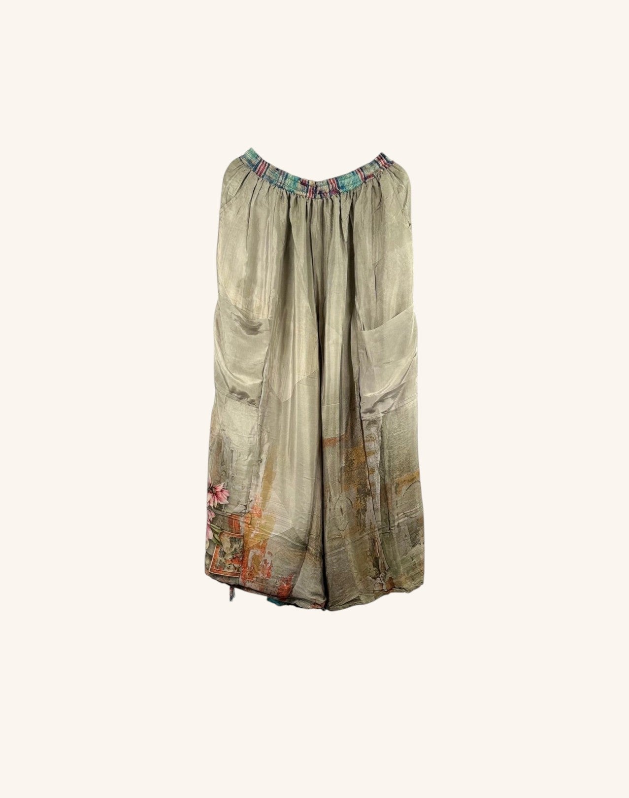 She Lives Beauty vintage rasgulla silk wide leg nomad pants in muted grey with patchwork floral details