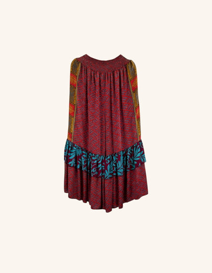 She Lives Beauty Gypsy Moon vintage rasgulla silk pants in red with teal floral double ruffle hem and elastic waist