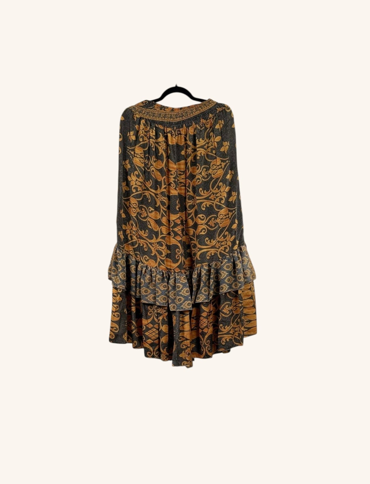 She Lives Beauty Gypsy Moon pants in vintage rasgulla silk with a dark brown and gold bohemian floral print and ruffles