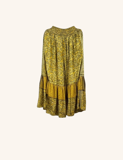 She Lives Beauty Gypsy Moon silk ruffle pants in olive and mustard yellow with a bohemian vintage rasgulla print.
