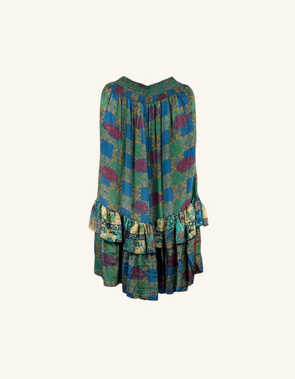 She Lives Beauty Gypsy Moon silk ruffle pants in a bohemian multi-colored vintage rasgulla silk with double ruffles.