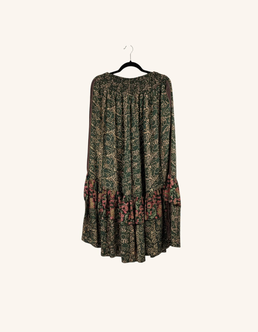 She Lives Beauty Gypsy Moon vintage rasgulla silk pants in green with floral patterns and double ruffle hem detail