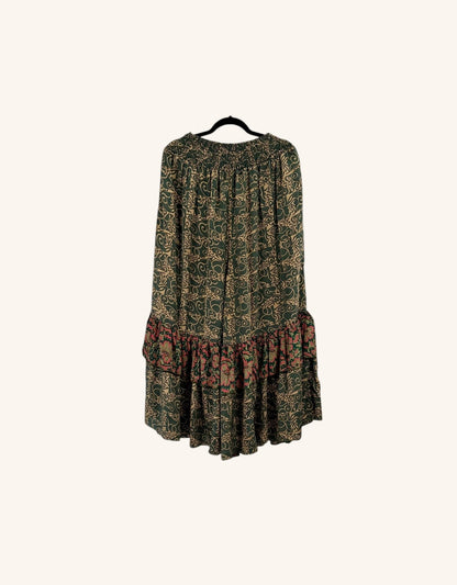 She Lives Beauty Gypsy Moon vintage rasgulla silk pants in green with a bohemian print and double ruffle hem detail.