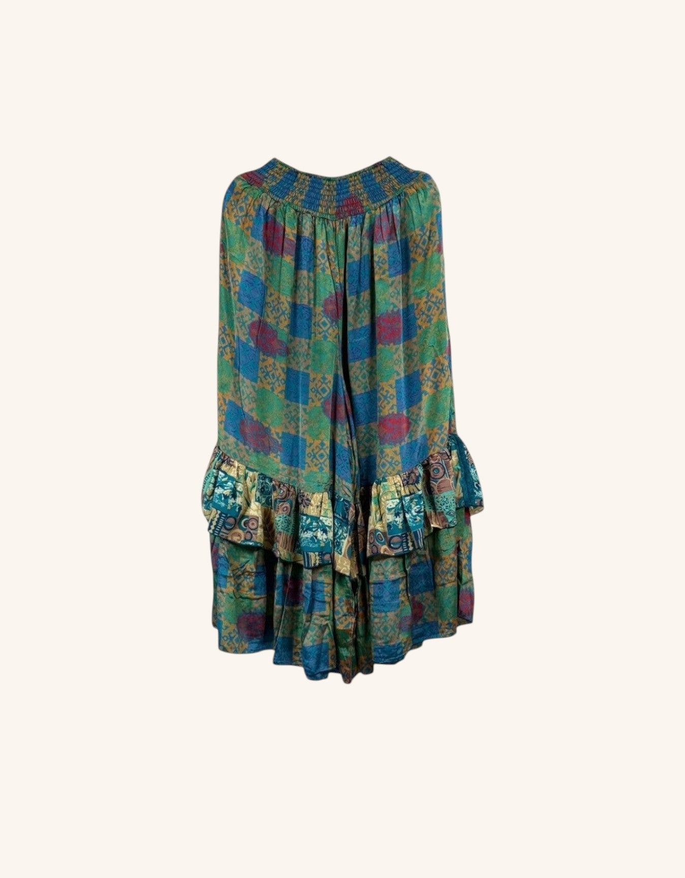 She Lives Beauty Gypsy Moon silk ruffle pants in a multi-colored vintage rasgulla print with a tiered hem