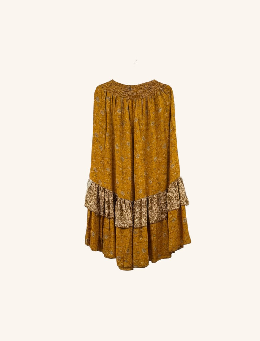 She Lives Beauty Gypsy Moon vintage rasgulla silk pants in mustard yellow with double ruffle hem and paisley print