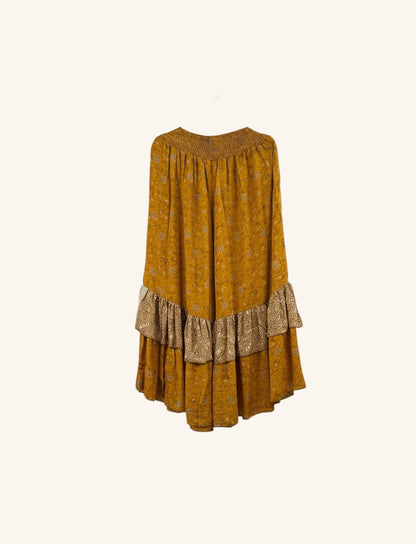 She Lives Beauty Gypsy Moon vintage rasgulla silk pants in mustard yellow with double ruffle hem and paisley print