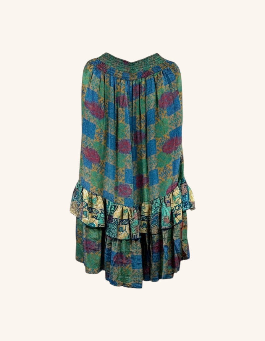 She Lives Beauty Gypsy Moon silk ruffle pants in a bohemian patchwork print with double ruffled hem detail