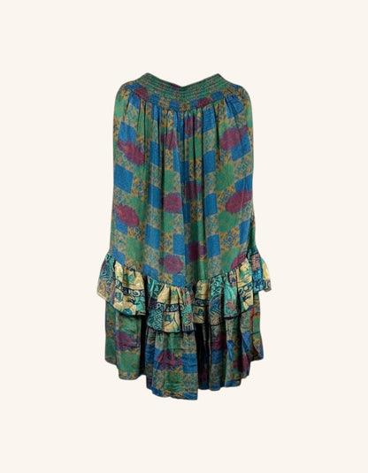 She Lives Beauty Gypsy Moon silk ruffle pants in a bohemian patchwork print with double ruffled hem detail