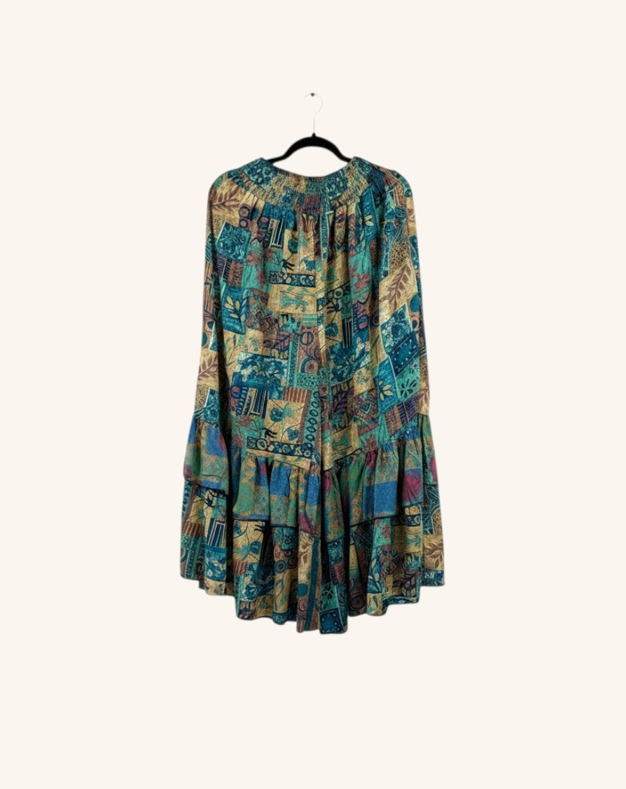 She Lives Beauty Gypsy Moon vintage rasgulla silk pants with a bohemian patchwork print and double ruffle hem.
