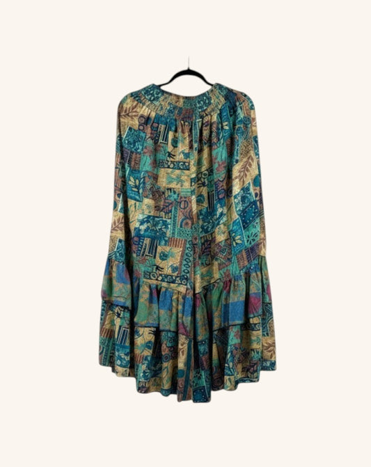 She Lives Beauty Gypsy Moon silk ruffle pants in a bohemian teal and gold vintage rasgulla silk patchwork print.