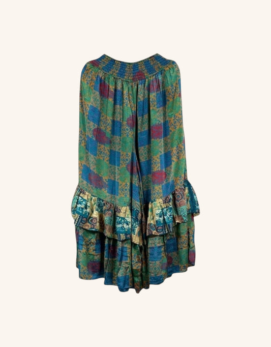She Lives Beauty Gypsy Moon silk ruffle pants in a bohemian green and blue checkered vintage rasgulla silk print.