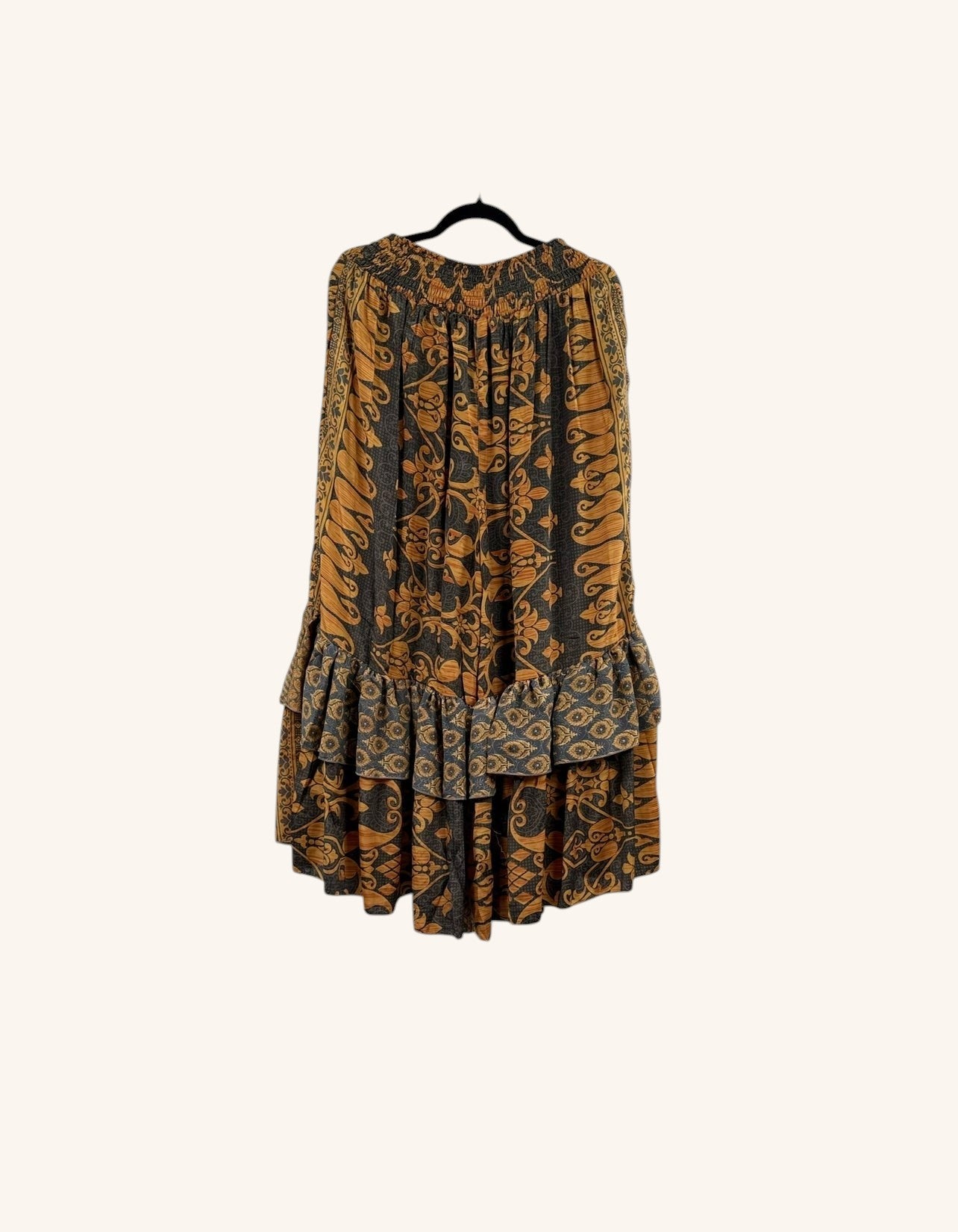 She Lives Beauty Gypsy Moon silk ruffle pants in brown and gold vintage rasgulla silk with a double ruffled hem.