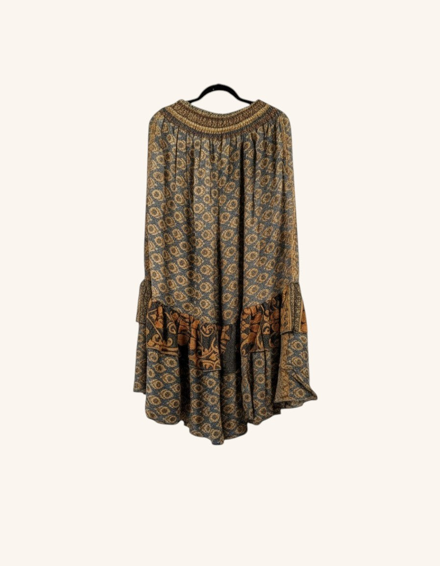 She Lives Beauty Gypsy Moon bohemian pants in vintage rasgulla silk with a dark patterned print and double ruffle hem.