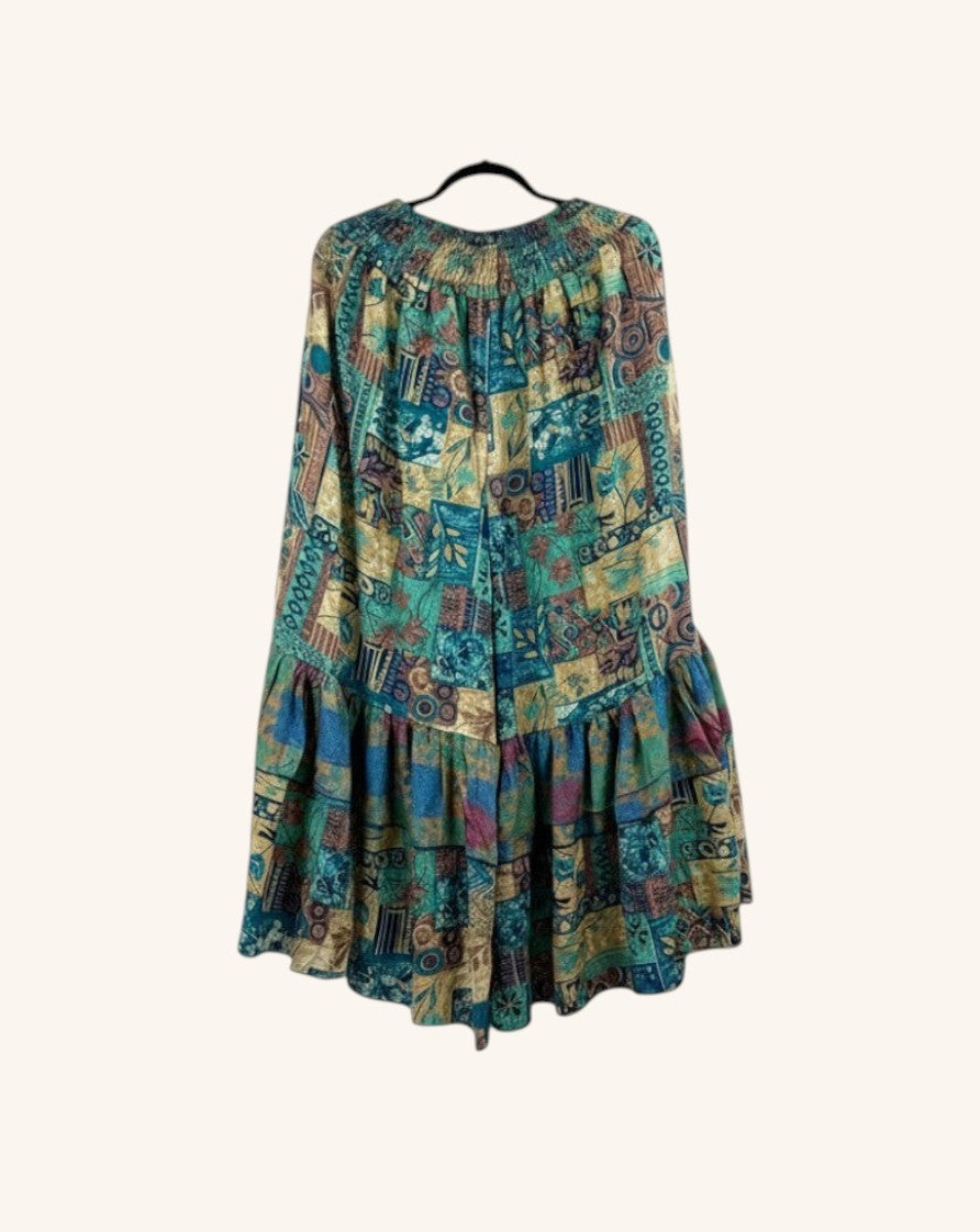 She Lives Beauty Gypsy Moon vintage rasgulla silk pants with a bohemian patchwork print and double ruffle hem