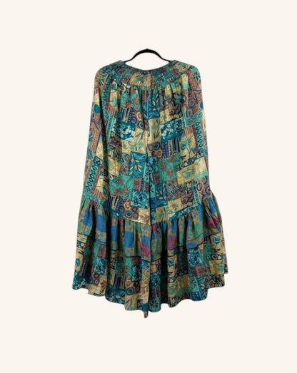 She Lives Beauty Gypsy Moon vintage rasgulla silk pants with a bohemian patchwork print and double ruffle hem