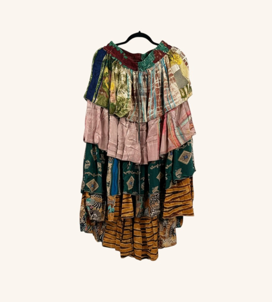 She Lives Beauty Ruffle Muse hi-lo skirt made from vintage multi-colored patterned rasgulla silk with tiered ruffles.
