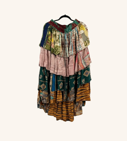 She Lives Beauty Ruffle Muse hi-lo skirt made from vintage multi-colored patterned rasgulla silk with tiered ruffles.