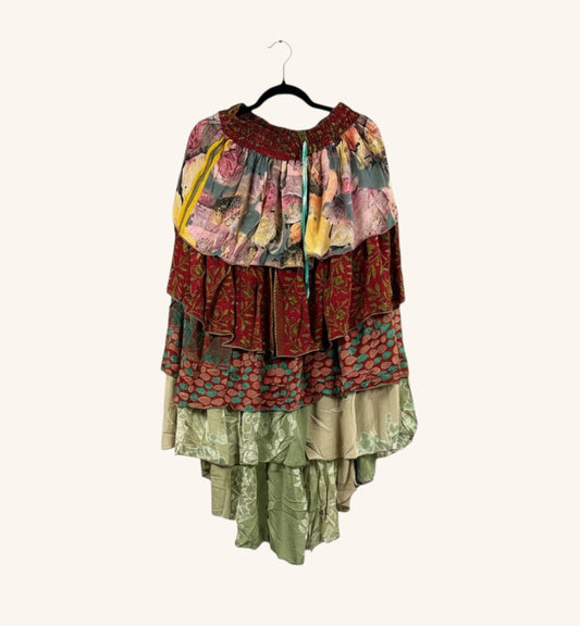 She Lives Beauty Ruffle Muse hi-lo skirt made from vintage multi-colored Rasgulla silk with cascading ruffled layers.