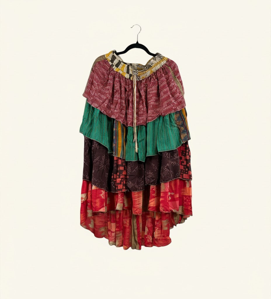She Lives Beauty Ruffle Muse hi-lo skirt made from vintage multicolored Rasgulla silk with cascading ruffled tiers.