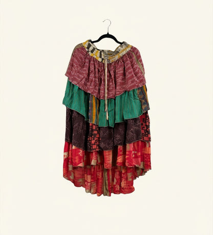 She Lives Beauty Ruffle Muse hi-lo skirt made from vintage multicolored Rasgulla silk with cascading ruffled tiers.