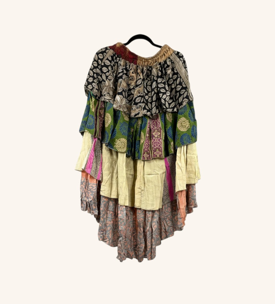 She Lives Beauty Ruffle Muse hi-lo skirt made from vintage multicolored Rasgulla silk with cascading ruffled layers.