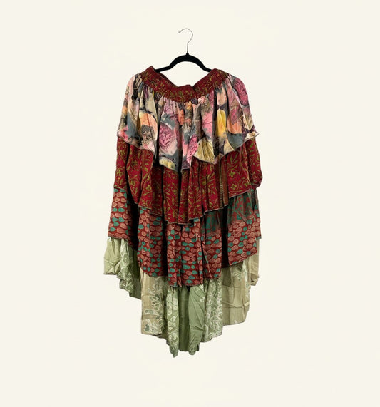 She Lives Beauty Ruffle Muse hi-lo skirt made from vintage multicolored rasgulla silk with cascading ruffled layers.