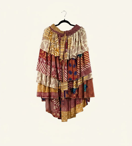 She Lives Beauty Ruffle Muse hi-lo skirt made from vintage multicolored Rasgulla silk with cascading ruffled hem.