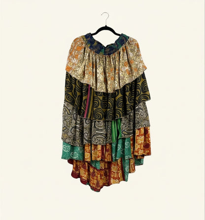 She Lives Beauty Ruffle Muse hi-lo skirt made from vintage multicolored Rasgulla silk with cascading ruffled tiers.