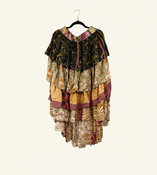 She Lives Beauty Ruffle Muse hi-lo skirt made from vintage multicolored Rasgulla silk with cascading ruffled layers.