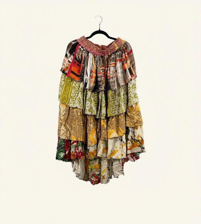 She Lives Beauty Ruffle Muse hi-lo skirt made from vintage multicolored Rasgulla silk with a tiered ruffled hem.