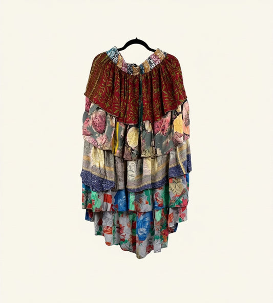 She Lives Beauty Ruffle Muse hi-lo skirt made from vintage multi-colored floral rasgulla silk with cascading ruffles.