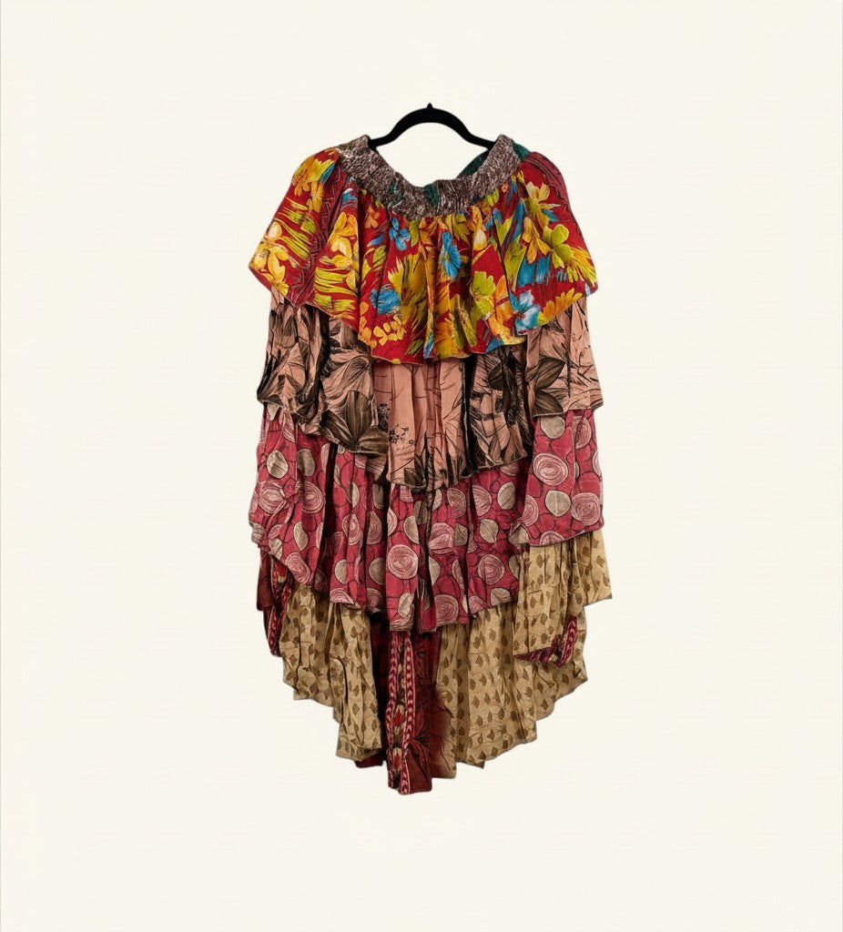 She Lives Beauty Ruffle Muse hi-lo skirt made from vintage multi-colored floral Rasgulla silk with cascading ruffles.