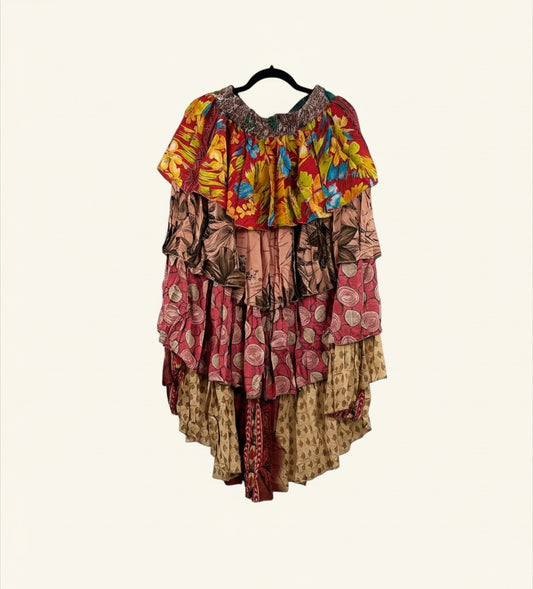 She Lives Beauty Ruffle Muse hi-lo skirt made from vintage multi-colored floral Rasgulla silk with cascading ruffles.