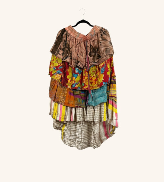 She Lives Beauty Ruffle Muse hi-lo skirt made from vintage multicolored Rasgulla silk with cascading ruffled tiers.