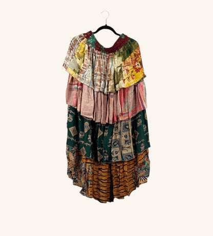 She Lives Beauty Ruffle Muse hi-lo skirt made from vintage multicolored Rasgulla silk with cascading ruffled tiers.