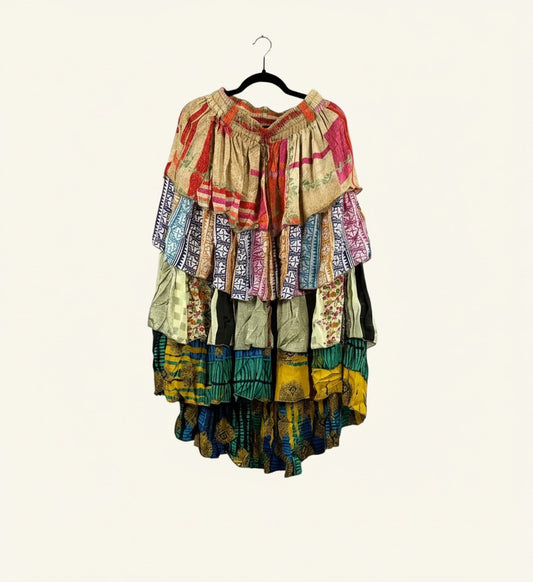She Lives Beauty Ruffle Muse hi-lo skirt made from colorful vintage Rasgulla silk saris with cascading ruffle tiers.