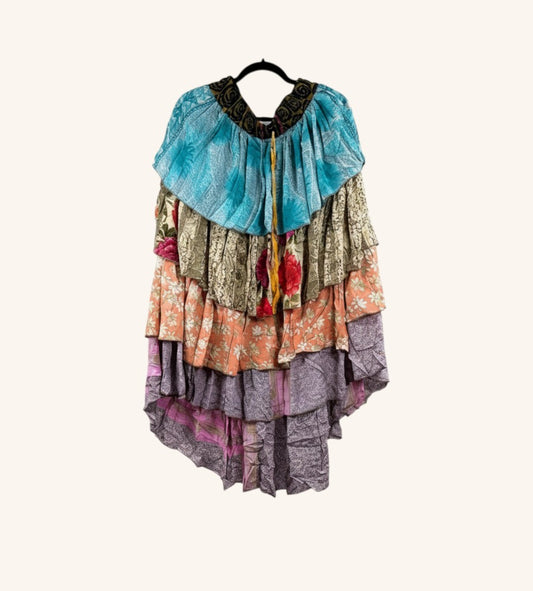 She Lives Beauty Ruffle Muse hi-lo skirt made from vintage multicolored rasgulla silk with cascading ruffled layers.