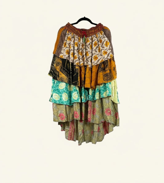 She Lives Beauty Ruffle Muse hi-lo skirt made from vintage multicolored Rasgulla silk with cascading ruffled layers.