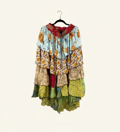She Lives Beauty Ruffle Muse hi-lo skirt made from vintage multicolored floral Rasgulla silk with cascading ruffles.