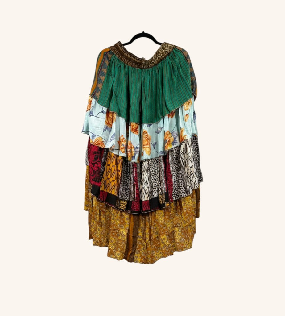 She Lives Beauty Ruffle Muse hi-lo skirt in multi-colored vintage Rasgulla silk with cascading ruffled tiers.