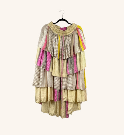 She Lives Beauty Ruffle Muse hi-lo skirt made from vintage Rasgulla silk with tiered ruffles in cream, pink, and yellow.