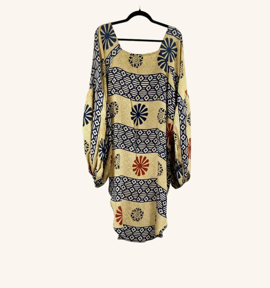 She Lives Beauty Desert Rain silk top with vintage kantha stitching, oversized sleeves, and geometric floral print.