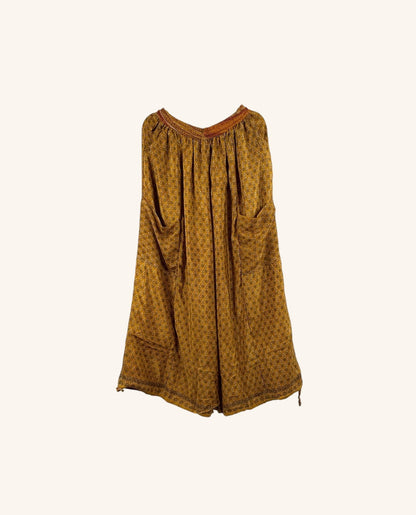 She Lives Beauty vintage rasgulla silk wide leg pants in mustard yellow with intricate patterns and side pockets