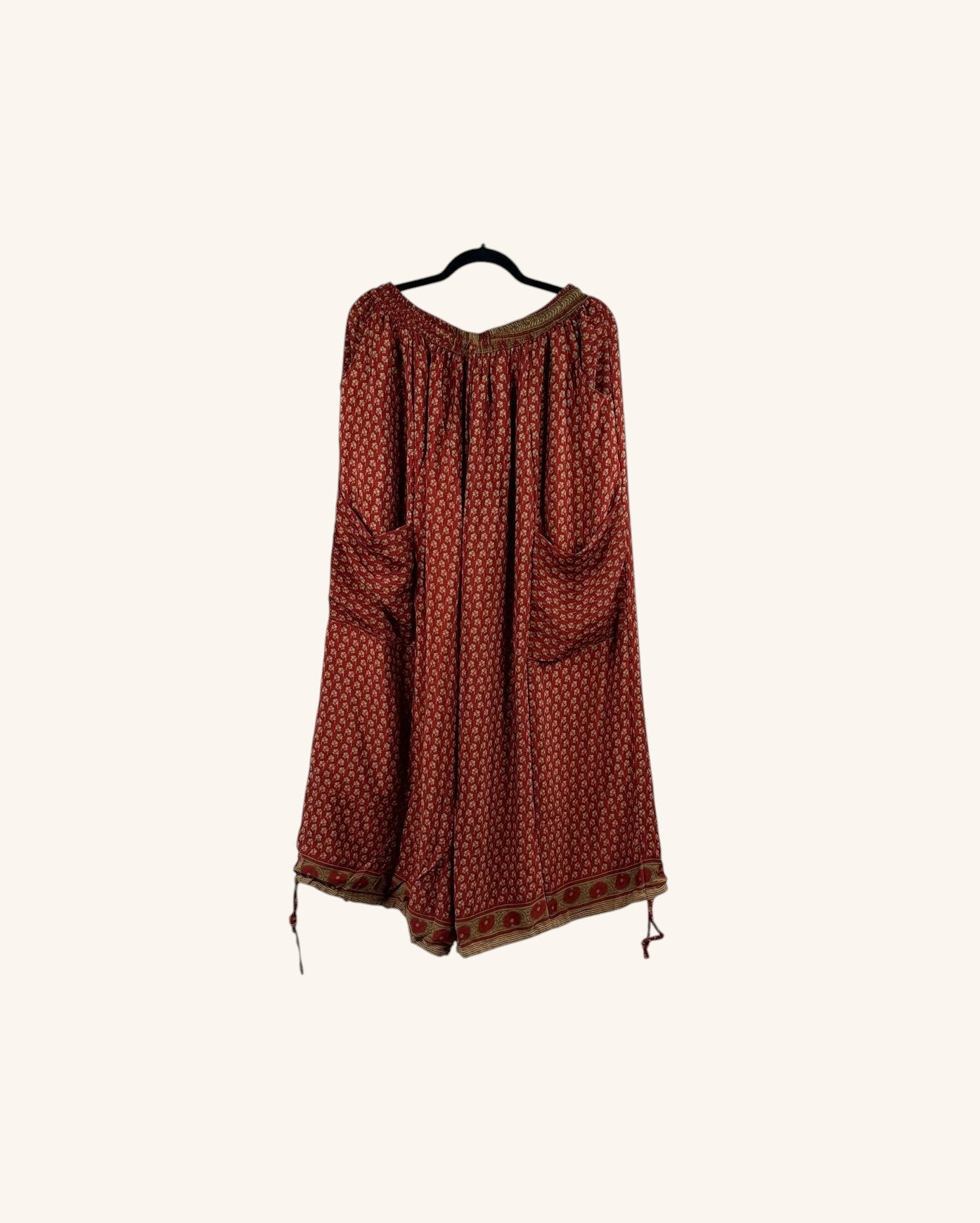 She Lives Beauty vintage rasgulla silk wide leg pants in a deep red patterned fabric with side pockets
