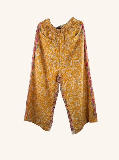 She Lives Beauty Everyday Amaya wide-leg pants in yellow vintage kantha cotton with patchwork and hand-stitched detail