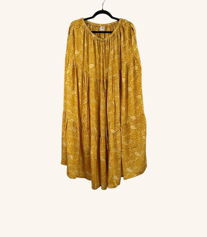 She Lives Beauty yellow vintage rasgulla silk maxi skirt with kantha stitching and tiered bohemian design.