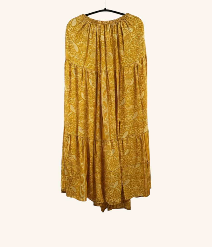 She Lives Beauty yellow vintage Rasgulla silk maxi skirt with tiered design and intricate bohemian paisley print
