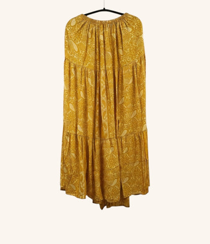 She Lives Beauty yellow vintage Rasgulla silk maxi skirt with tiered design and intricate bohemian paisley print