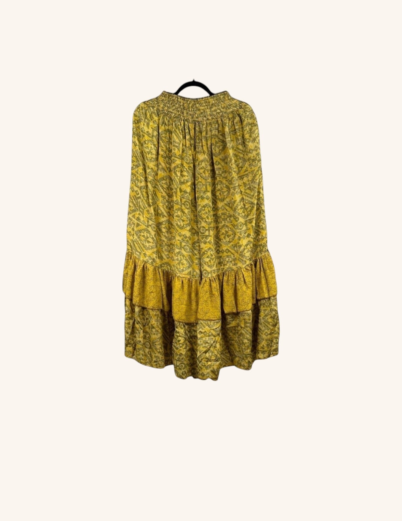 She Lives Beauty Gypsy Moon vintage rasgulla silk pants in yellow with a bohemian print and double ruffle hem detail.